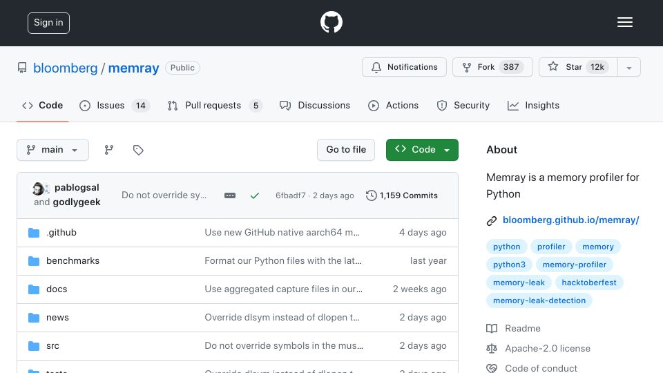 Screenshot of github.com: Memray – A Memory Profiler for Python
