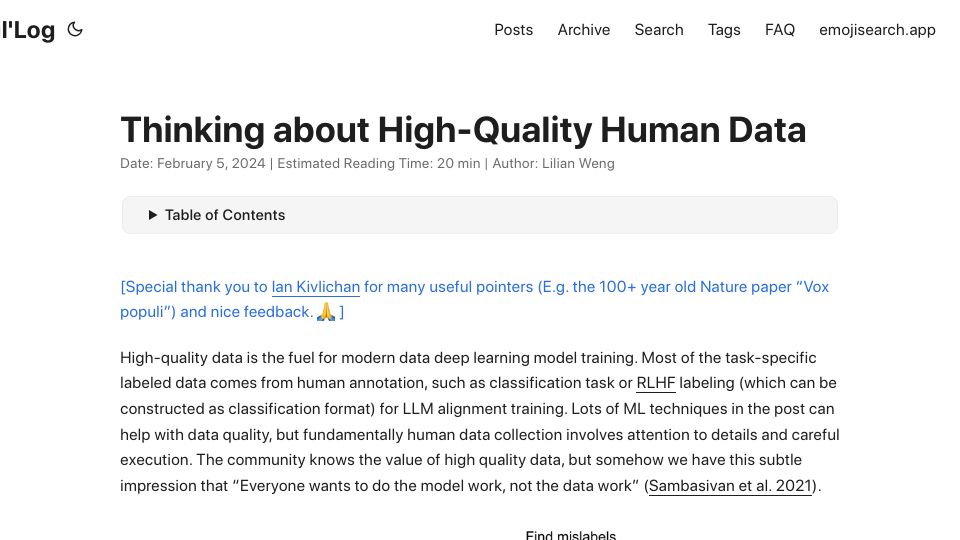 Screenshot of lilianweng.github.io: Thinking about high-quality human data
