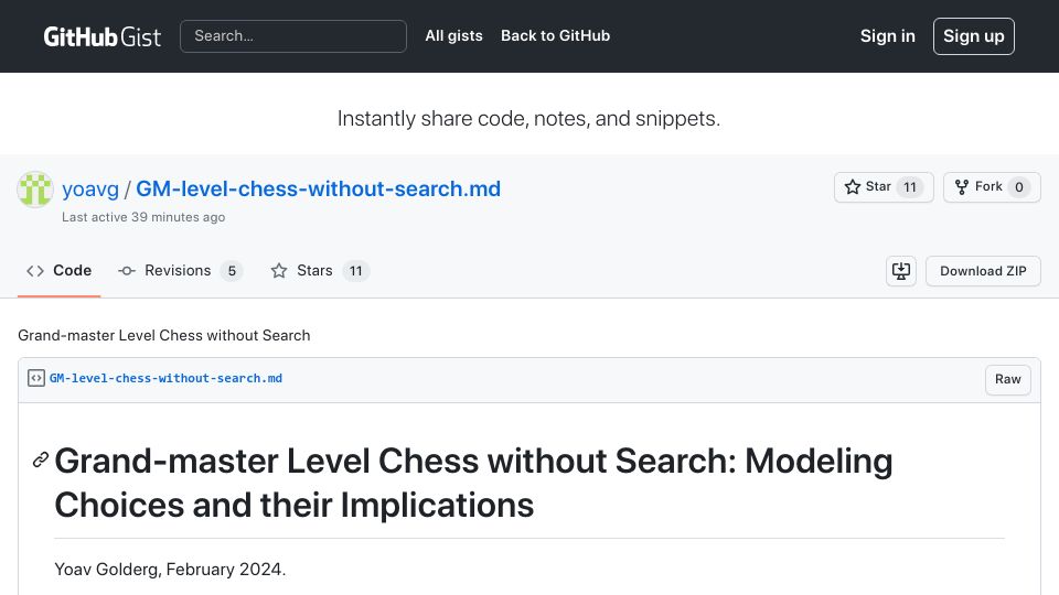 Screenshot of gist.github.com: Grand-Master Level Chess Without Search: Modeling Choices and Their Implications