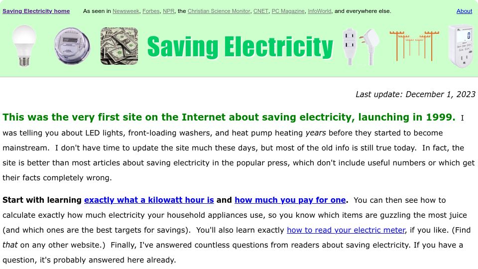 Screenshot of michaelbluejay.com: Saving Electricity (1998 – 2023)