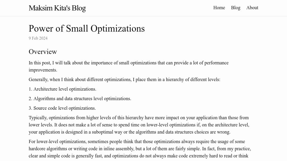 Screenshot of maksimkita.com: Power of small optimizations