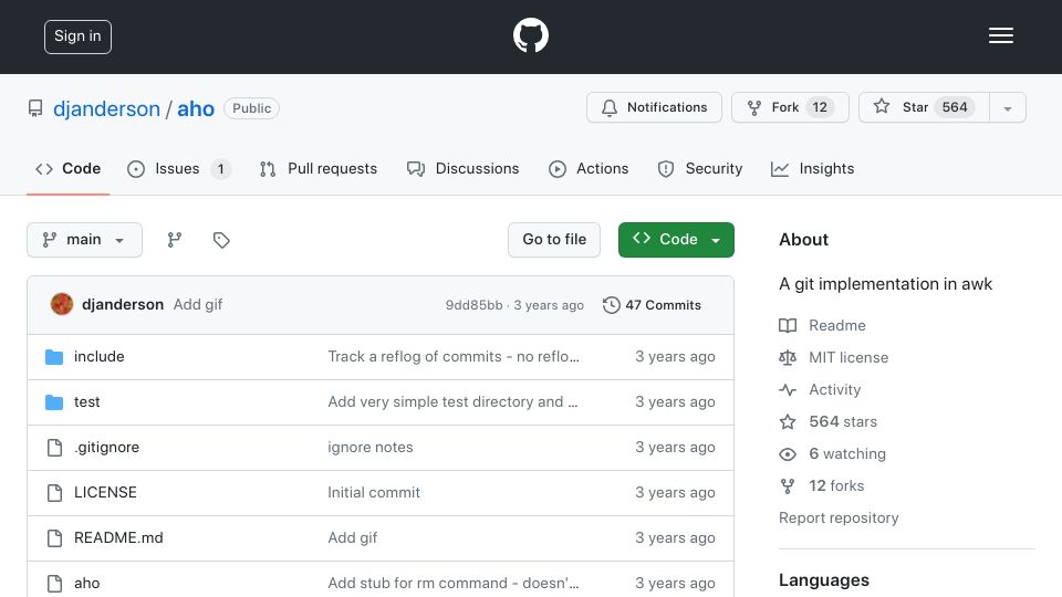 Screenshot of github.com: Aho – a Git implementation in Awk