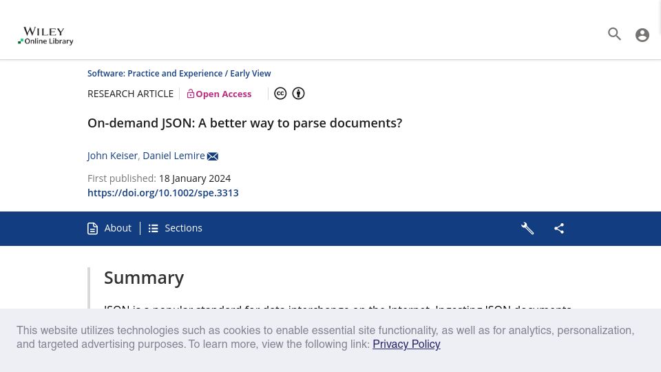 Screenshot of onlinelibrary.wiley.com: On-demand JSON: A better way to parse documents?