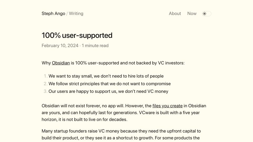Screenshot of stephango.com: 100% User-Supported