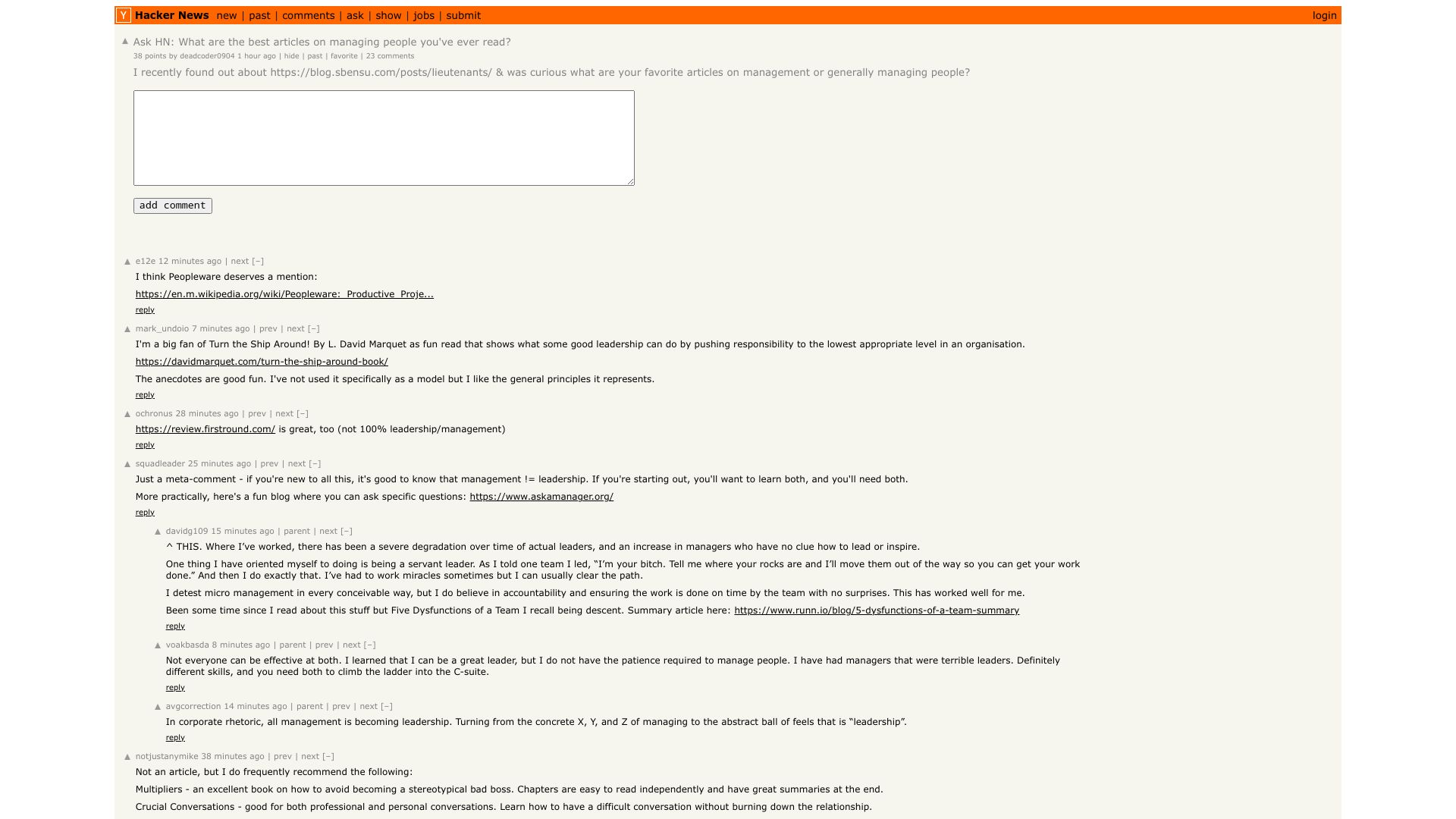 Screenshot of this Hacker News post: Ask HN: What are the best articles on managing people?