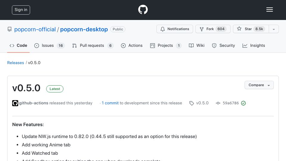 Screenshot of github.com: Popcorn Time 0.5.0