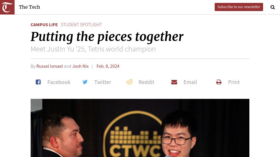 Screenshot of thetech.com: Putting the pieces together: Meet Justin Yu ’25, Tetris world champion