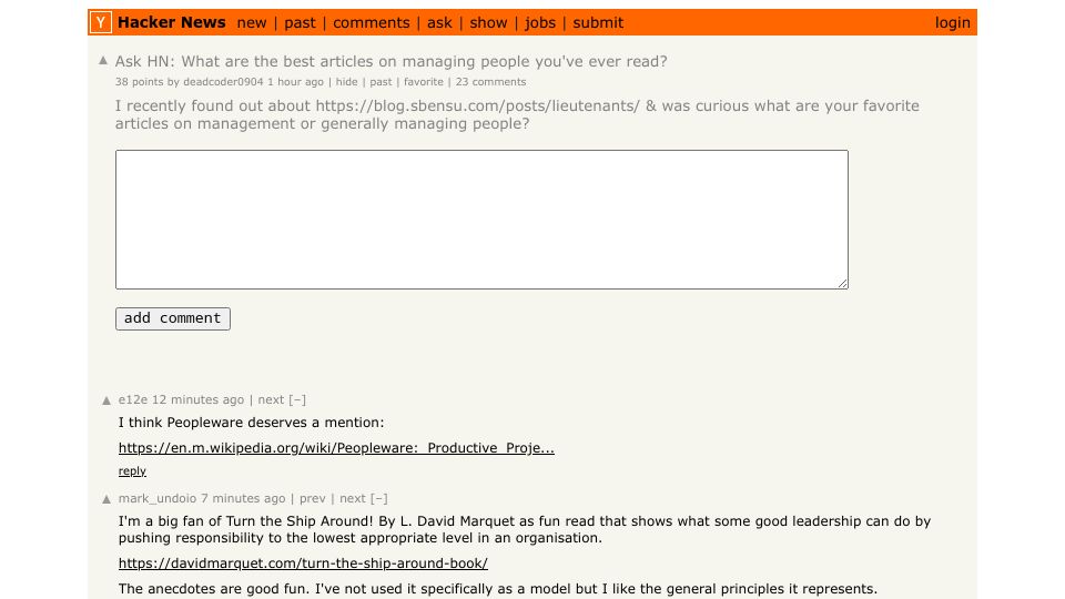 Screenshot of Hacker News post: Ask HN: What are the best articles on managing people?
