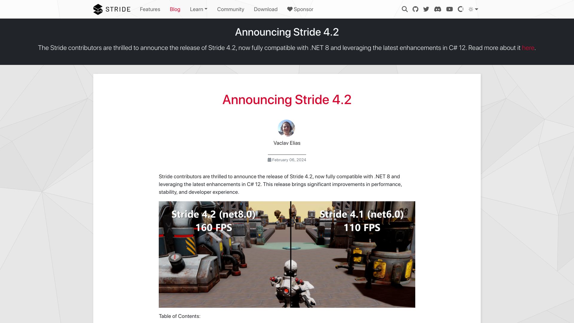 Screenshot of stride3d.net: Announcing Stride 4.2 with .NET 8 support