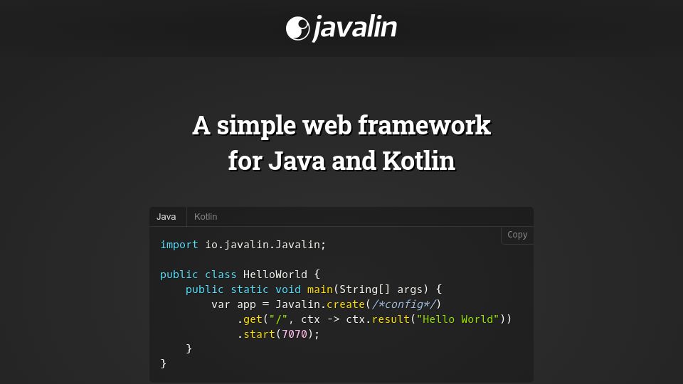Screenshot of javalin.io: Javalin – a simple web framework for Java and Kotlin