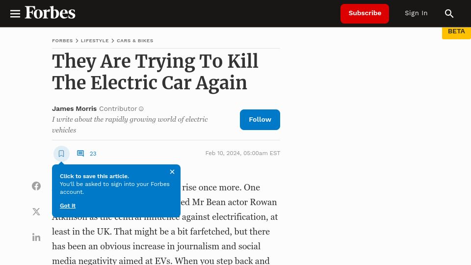 Screenshot of forbes.com: They Are Trying to Kill the Electric Car Again