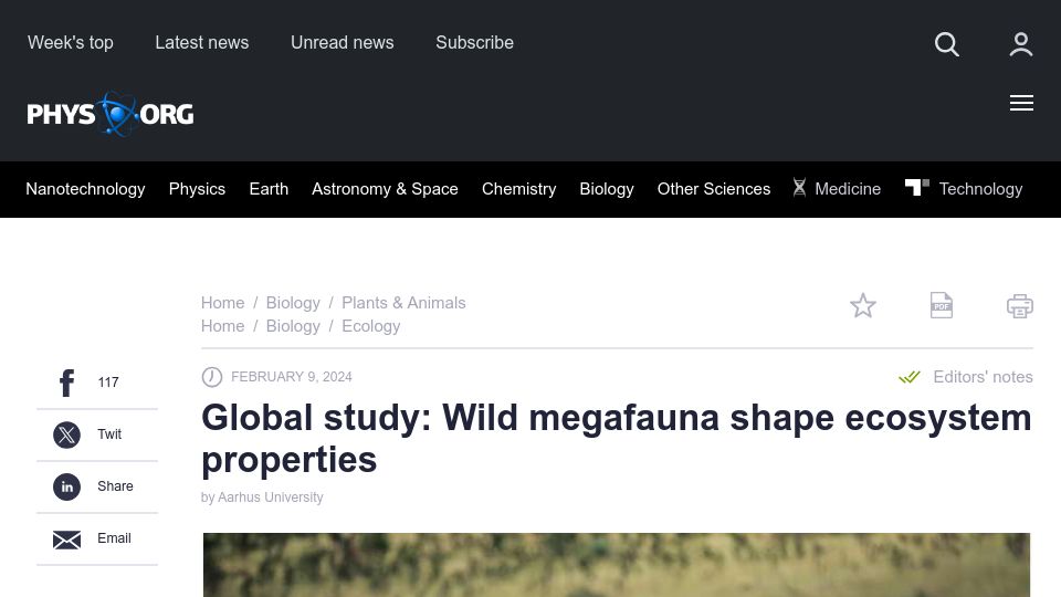 Screenshot of phys.org: Global study: Wild megafauna shape ecosystem properties