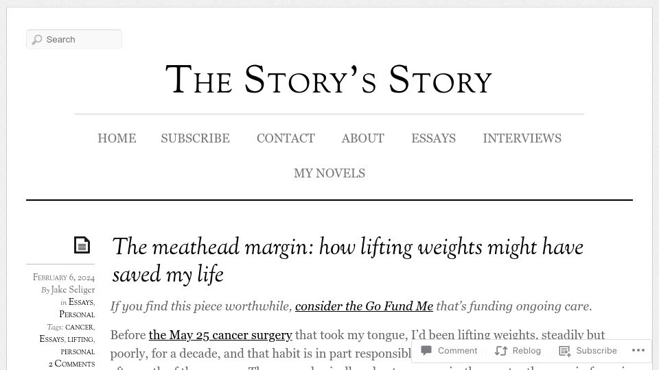 Screenshot of jakeseliger.com: The meathead margin: how lifting weights might have saved my life
