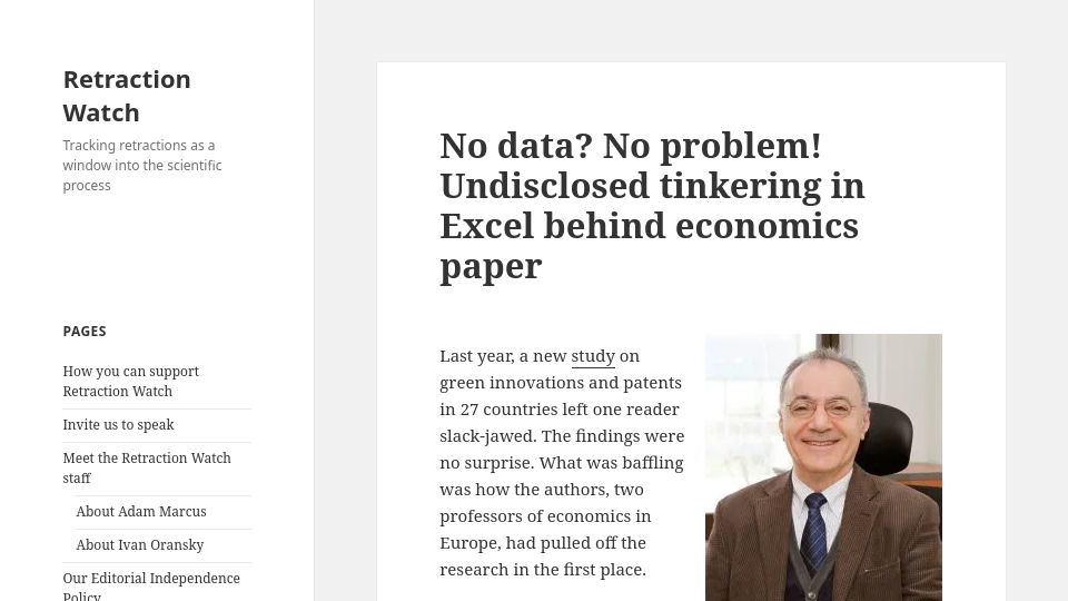 Screenshot of retractionwatch.com: Undisclosed tinkering in Excel behind economics paper