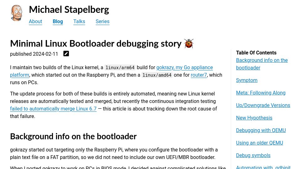 Screenshot of michael.stapelberg.ch: Minimal Linux Bootloader debugging story