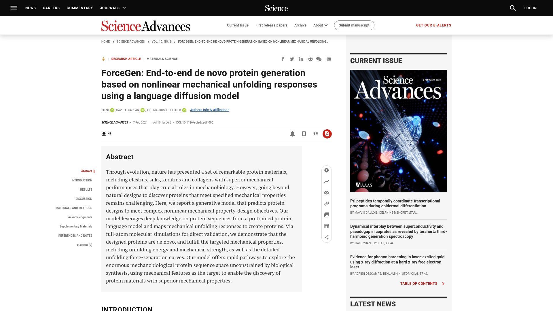 Screenshot of science.org: ForceGen: End-to-end de novo protein generation