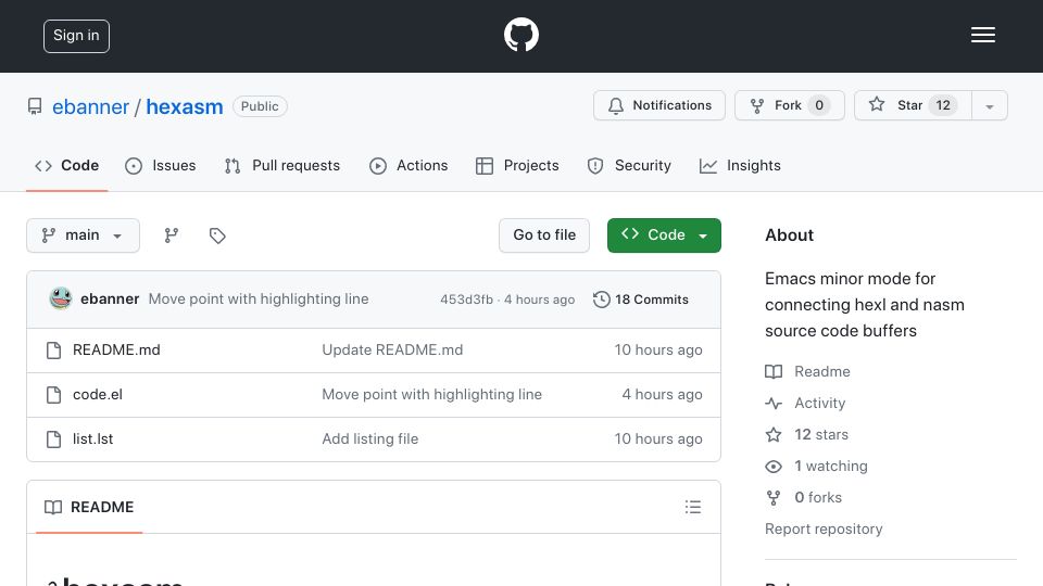 Screenshot of github.com: Show HN: Emacs minor mode for connecting assembly and assembled code buffers