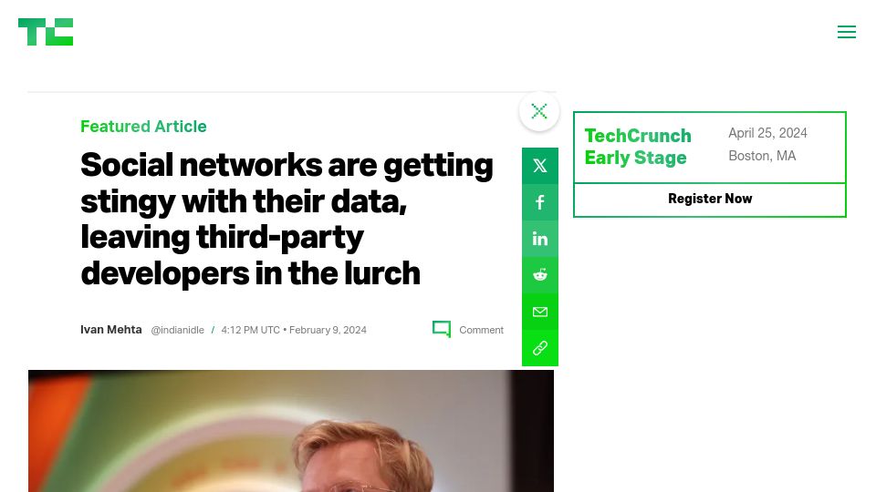 Screenshot of techcrunch.com: Social networks are getting stingy with their data