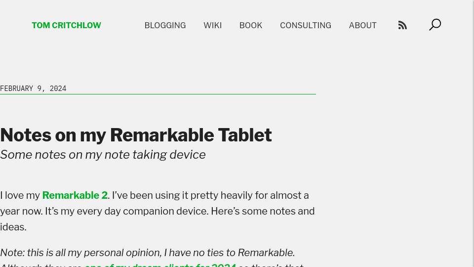 Screenshot of tomcritchlow.com: Notes on my Remarkable tablet