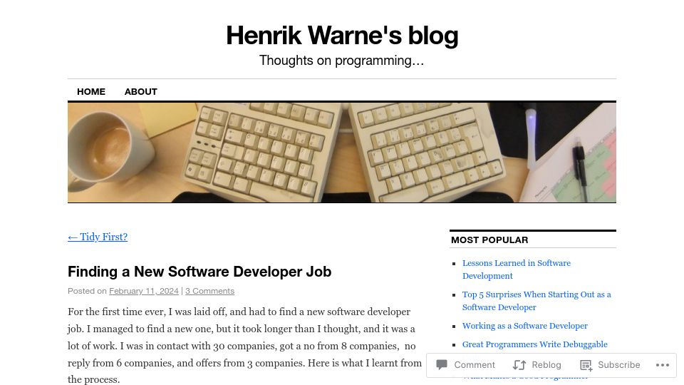 Screenshot of henrikwarne.com: Finding a new software developer job