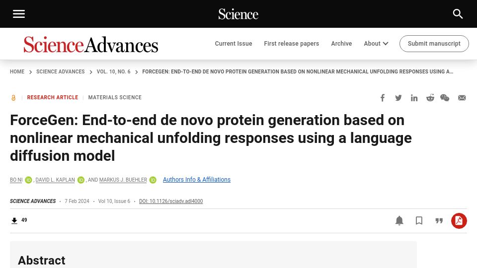 Screenshot of science.org: ForceGen: End-to-end de novo protein generation
