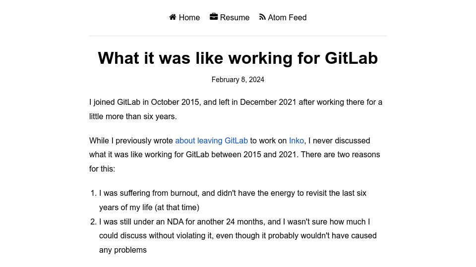 Screenshot of yorickpeterse.com: What it was like working for Gitlab