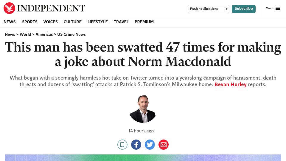 Screenshot of independent.co.uk: A man has been swatted 47 times for making a joke about Norm Macdonald