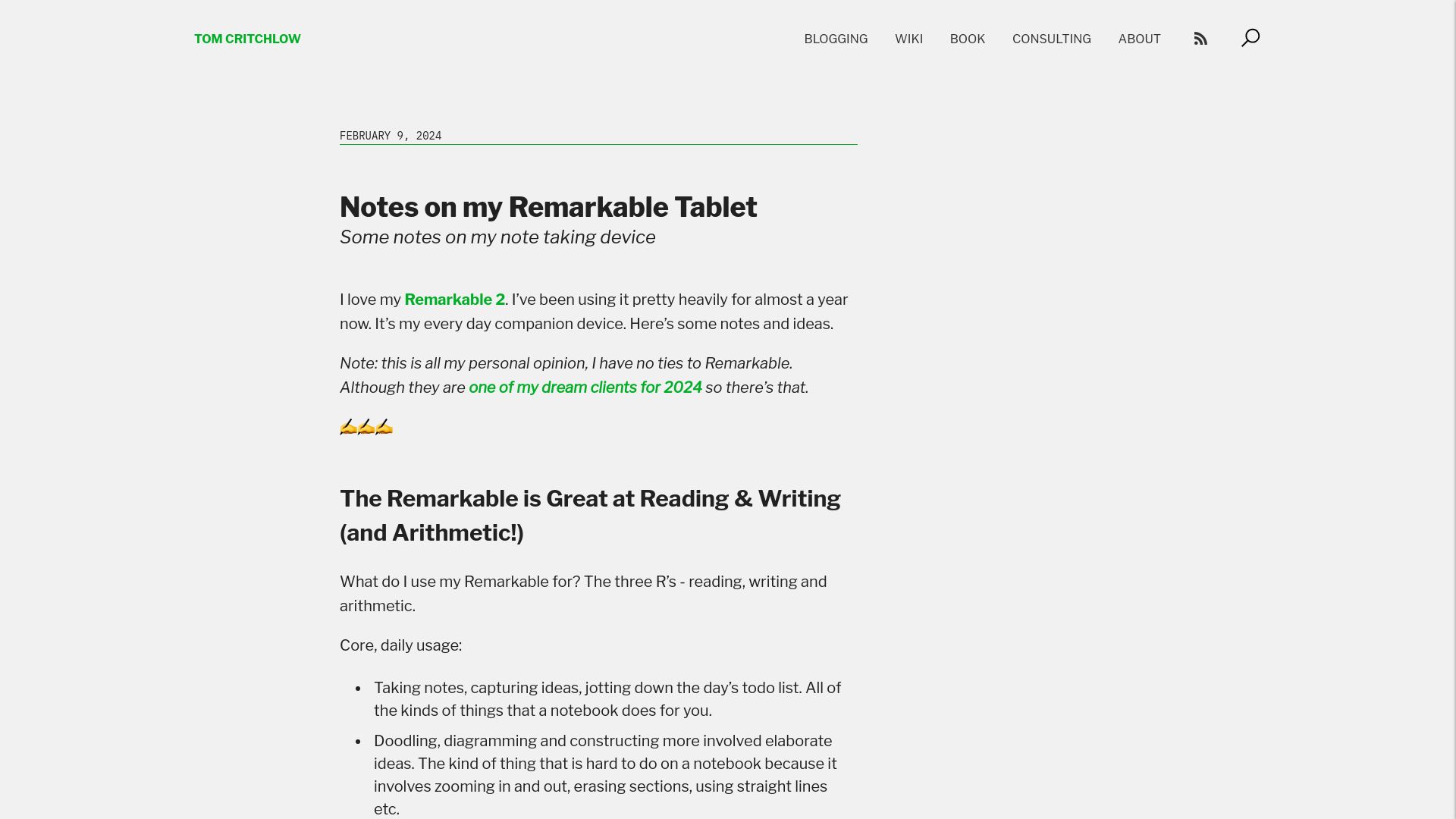Screenshot of tomcritchlow.com: Notes on my Remarkable tablet