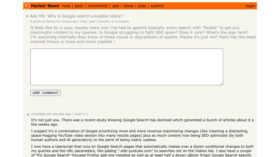 Screenshot of Hacker News post: Ask HN: Why is Google search unusable lately?