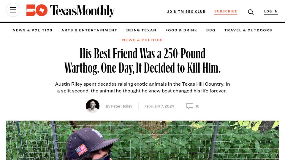 Screenshot of texasmonthly.com: His Best Friend Was a 250-Pound Warthog. One Day, It Decided to Kill Him