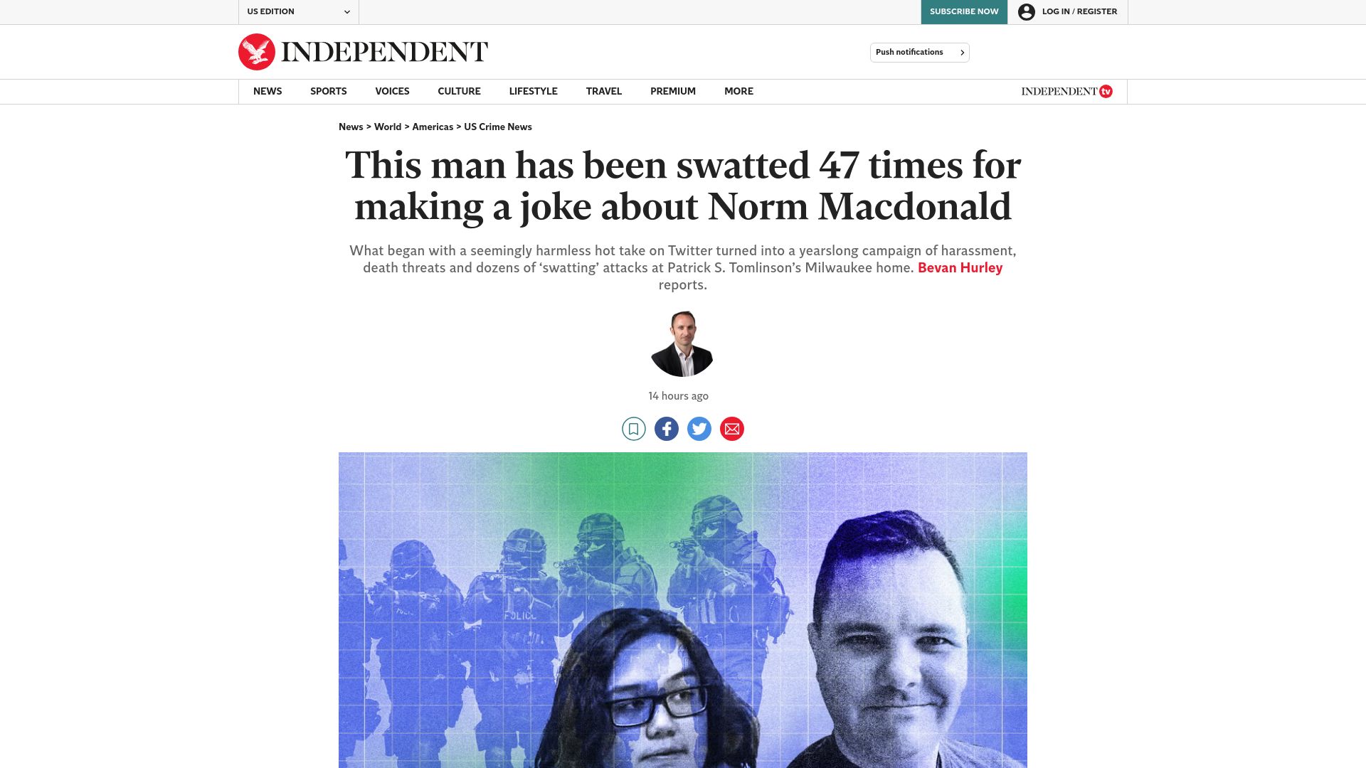 Screenshot of independent.co.uk: A man has been swatted 47 times for making a joke about Norm Macdonald