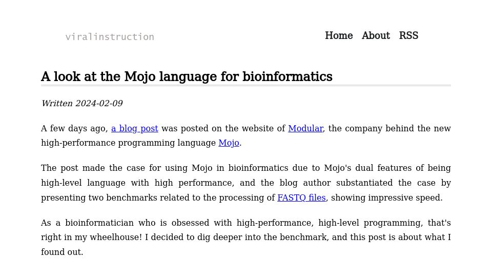 Screenshot of viralinstruction.com: A look at the Mojo language for bioinformatics