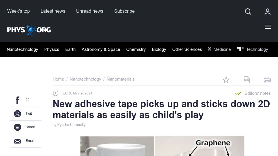 Screenshot of phys.org: New adhesive tape picks up and sticks down 2D materials easily