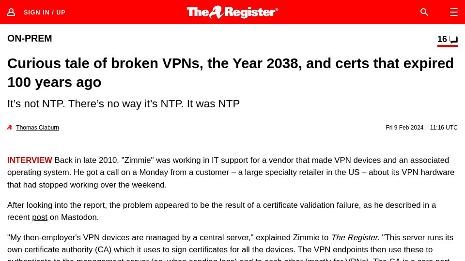 Screenshot of theregister.com: Broken VPNs, the Year 2038, and certs that expired 100 years ago