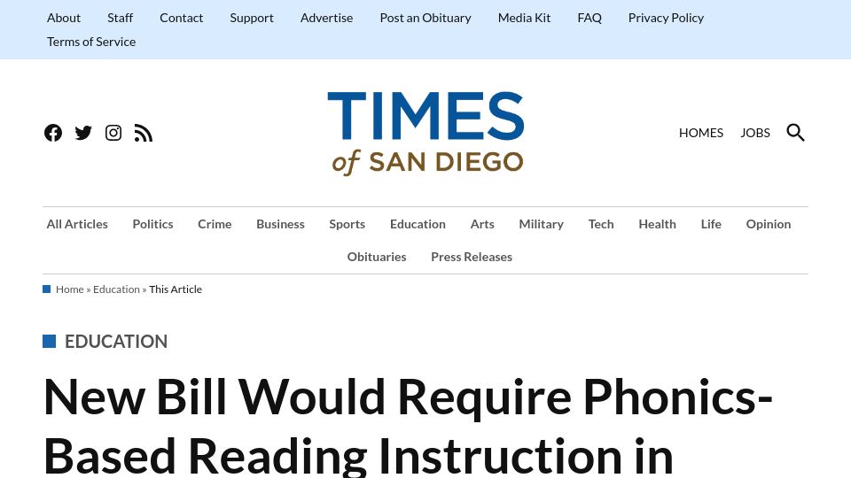 Screenshot of timesofsandiego.com: New Bill Would Require Phonics-Based Reading Instruction in California