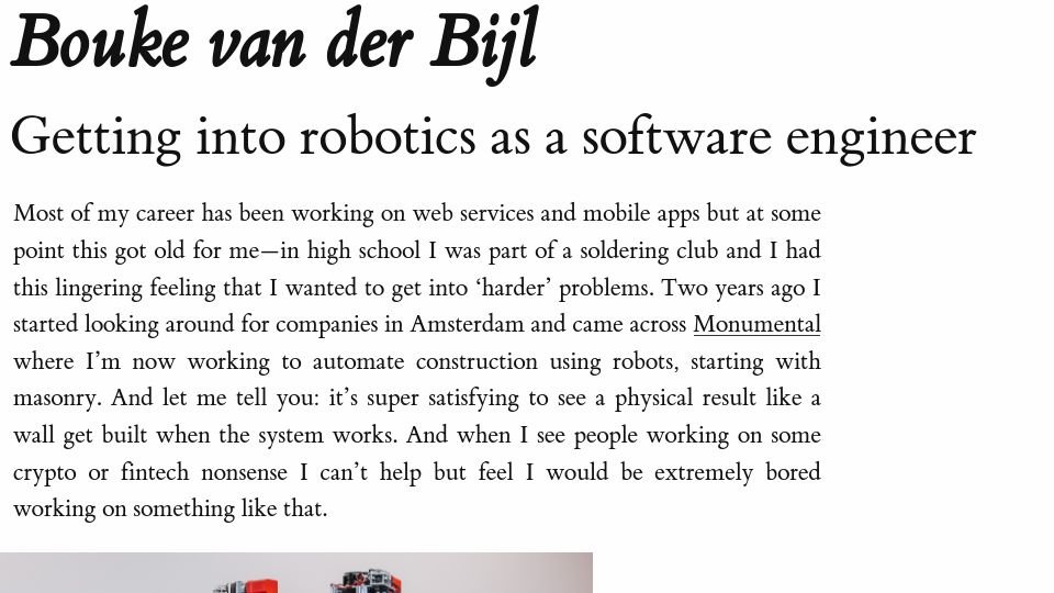 Screenshot of bou.ke: Getting into robotics as a software engineer