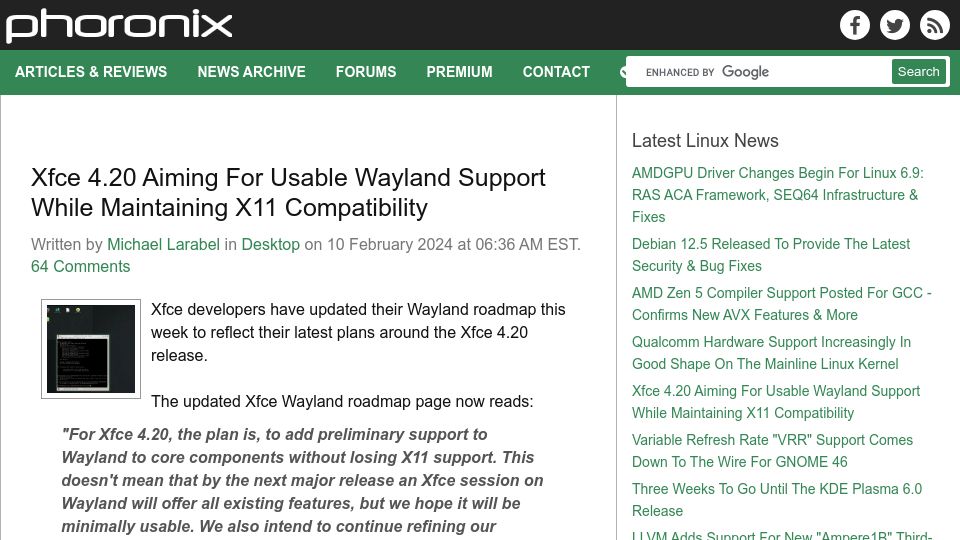 Screenshot of phoronix.com: XFCE 4.20 Aiming for Usable Wayland Support While Maintaining X11 Compatibility