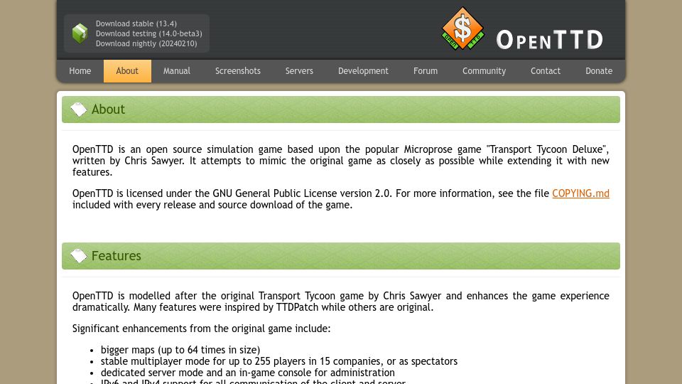 Screenshot of openttd.org: OpenTTD