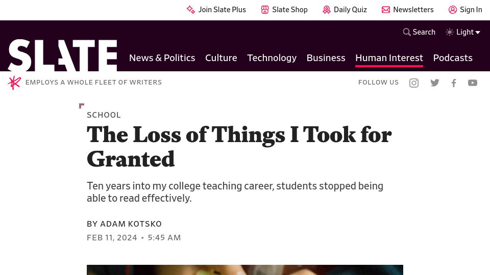 Screenshot of slate.com: The Loss of Things I Took for Granted
