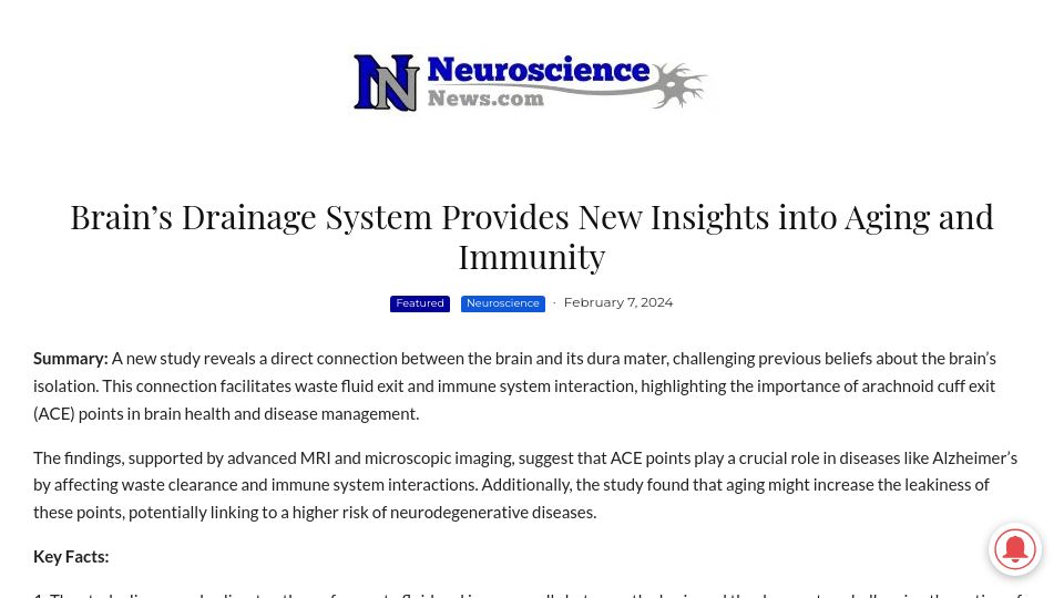 Screenshot of neurosciencenews.com: A new study reveals a direct connection between the brain and its dura mater
