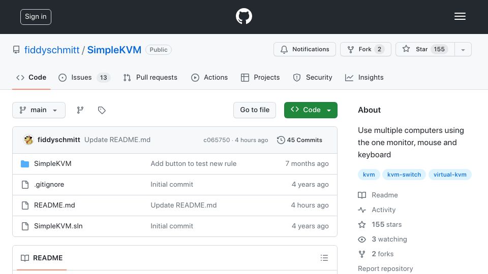 Screenshot of github.com: Show HN: Multi-monitor KVM using just a USB switch