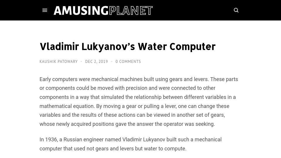Screenshot of amusingplanet.com: Vladimir Lukyanov's Water Computer (2019)
