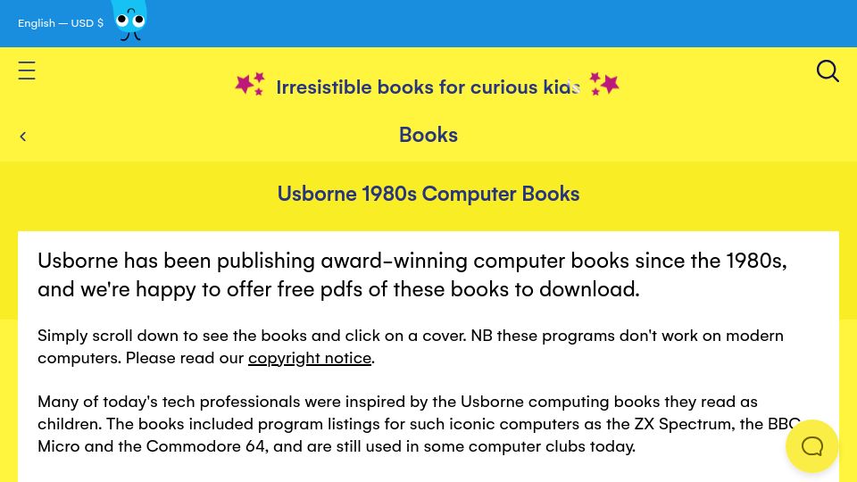 Screenshot of usborne.com: Usborne 1980s Computer Books