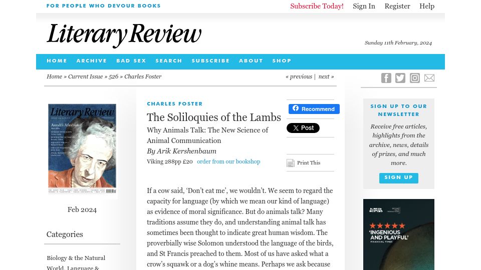 Screenshot of literaryreview.co.uk: Review of Why Animals Talk: The New Science of Animal Communication