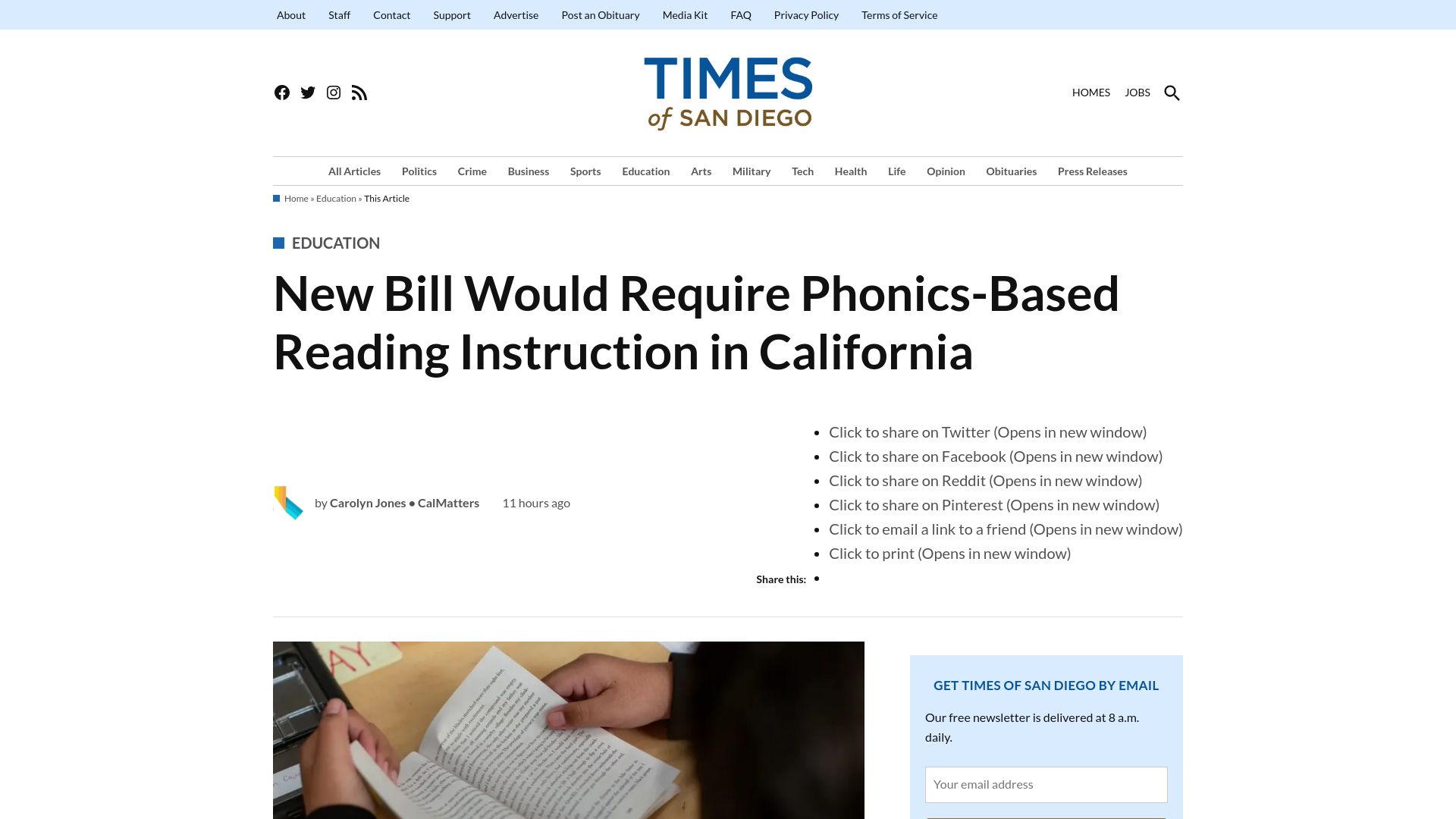 Screenshot of timesofsandiego.com: New Bill Would Require Phonics-Based Reading Instruction in California