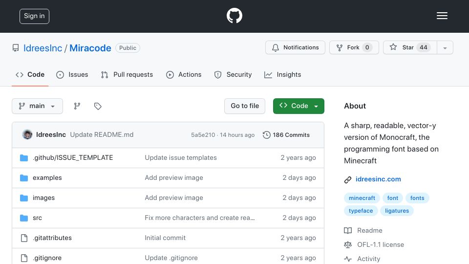 Screenshot of github.com: Show HN: Miracode, a Minecraft programming font that is readable