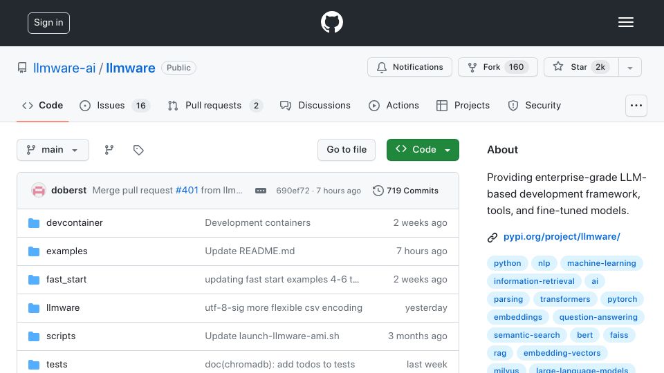 Screenshot of github.com: Show HN: LLMWare – Small Specialized Function Calling 1B LLMs for Multi-Step RAG