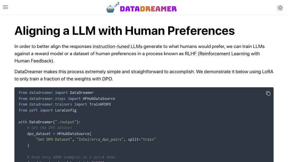 Screenshot of datadreamer.dev: RLHF a LLM in <50 lines of Python