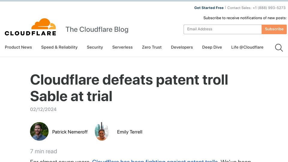 Screenshot of blog.cloudflare.com: Cloudflare defeats patent troll Sable at trial