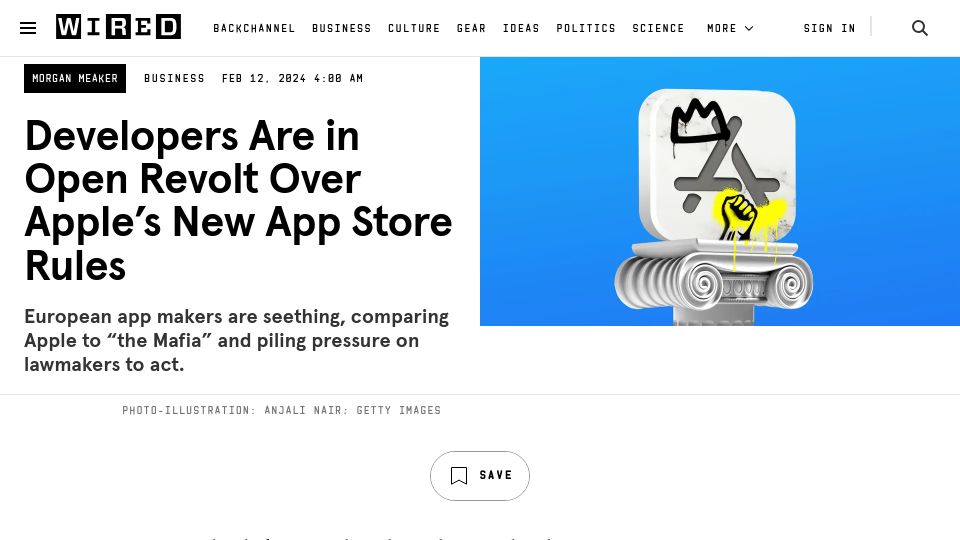 Screenshot of wired.com: Developers revolt over Apple's new app store rules
